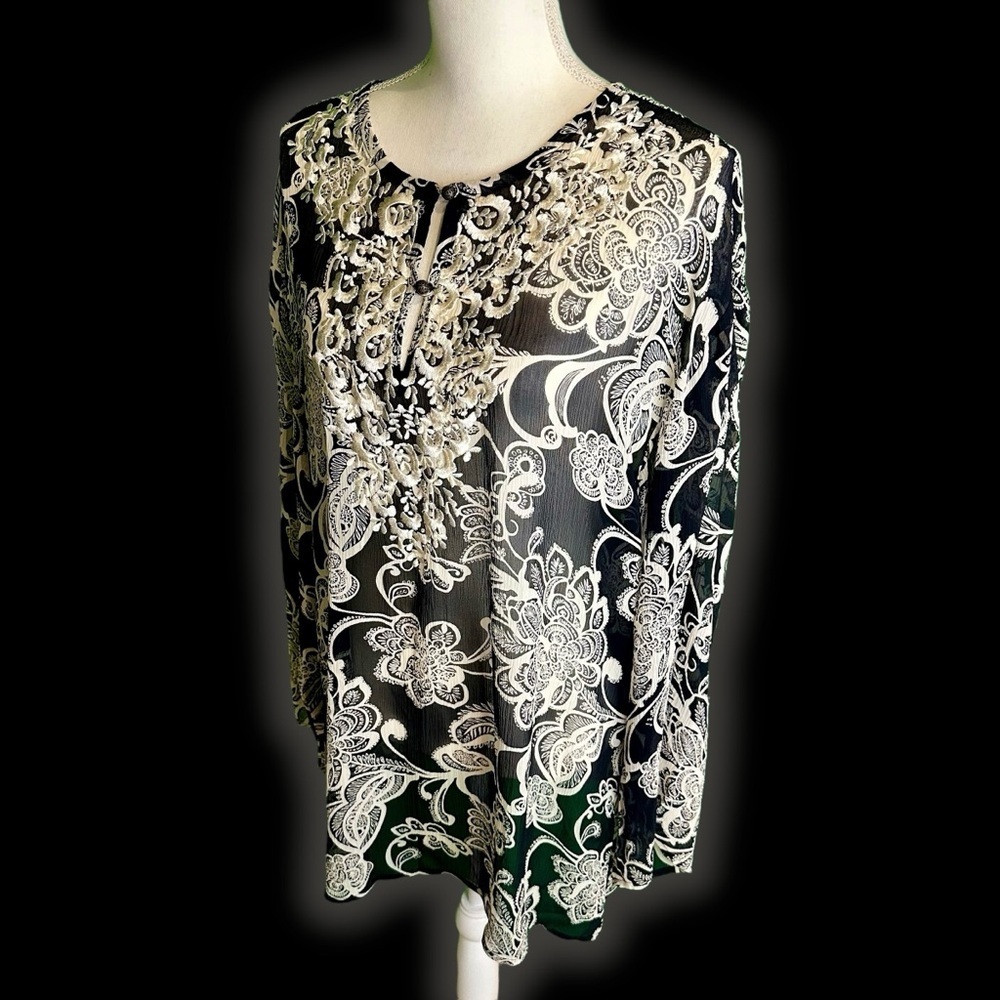 Oscar de la Renta Black & White 100% Silk Embroidered Long Sleeve Tunic Size 12 - Picture 9 of 11